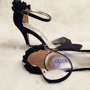 Guess Ruffle Back Ankle Strap Black Heels